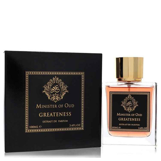 Minister of Oud Greatness by Fragrance World Extrait de Parfum spray for men, 3.4 oz, featuring a sleek perfume bottle with elegant design.