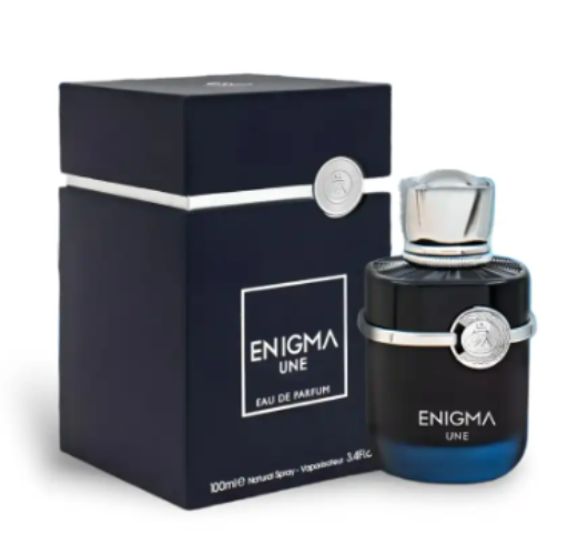 Fragrance World Enigma Une unisex Eau De Parfum bottle, 3.4oz, showcasing sleek design and branding, suitable for men and women.