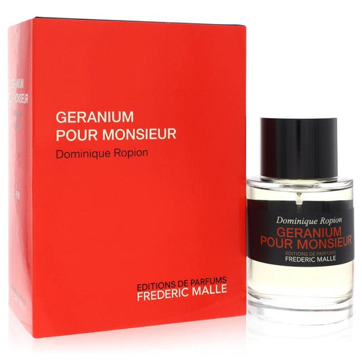 Frederic Malle Geranium Pour Monsieur Eau De Parfum spray bottle for men, 3.4 oz with elegant design and branding visible.