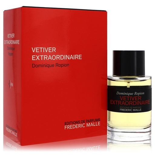 Frederic Malle Vetiver Extraordinaire Eau De Parfum spray bottle for men, 3.4 oz, with sleek packaging visible in the image.