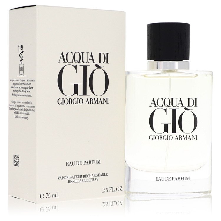 Giorgio Armani Acqua Di Gio Eau De Parfum refillable spray for men, 2.5 oz, featuring a sleek silver and blue bottle.
