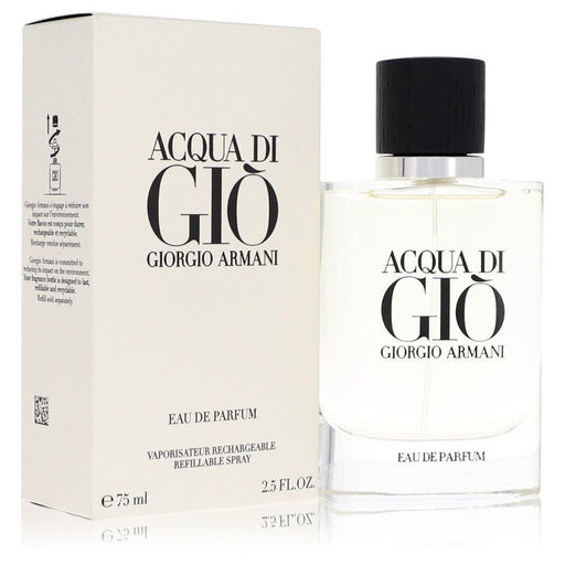 Giorgio Armani Acqua Di Gio Eau De Parfum refillable spray for men, 2.5 oz, featuring a sleek silver and blue bottle.