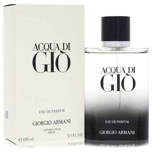 Giorgio Armani Acqua Di Gio Eau De Parfum spray for men, 3.3 oz bottle with sleek design and clear fragrance label.