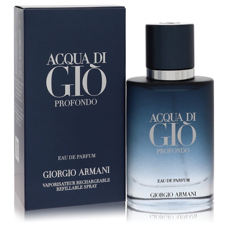 Giorgio Armani Acqua Di Gio Profondo Eau De Parfum spray for men, 1 oz bottle with sleek packaging and classic design.