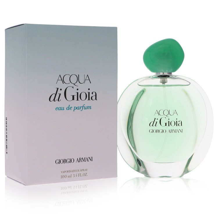 Giorgio Armani Acqua Di Gioia Eau De Parfum spray for women, 3.4 oz bottle with elegant packaging and floral design