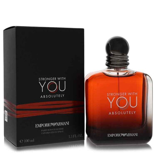 Giorgio Armani Stronger With You Absolutely Eau De Parfum spray for men, 3.3 oz bottle, stylish packaging with branding.