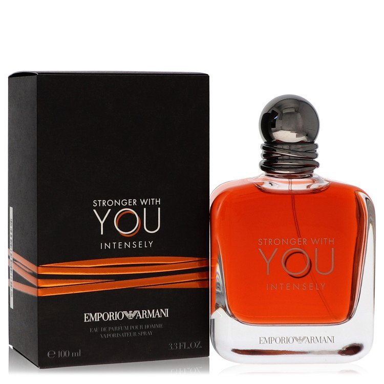 Giorgio Armani Stronger With You Intensely men's Eau De Parfum spray bottle, 3.4 oz, with sleek packaging and label visible.