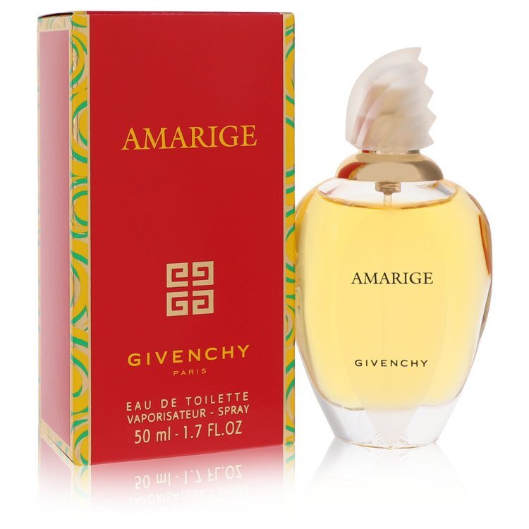 Amarige by Givenchy Eau de Toilette spray for women, 1.7 oz, with elegant perfume bottle and floral design.
