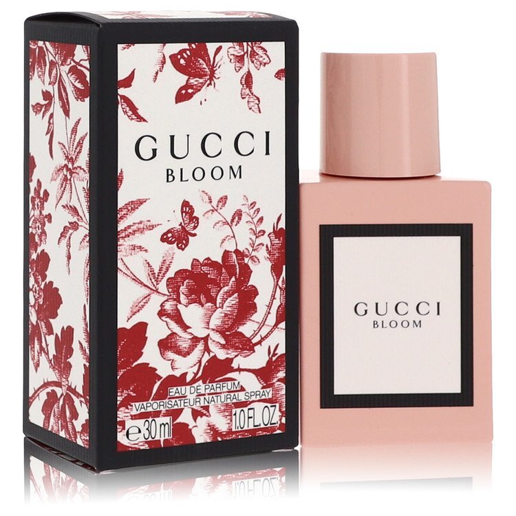 Gucci Bloom Eau De Parfum spray for women, 1 oz bottle, elegant design, showcasing the floral fragrance of Gucci perfume