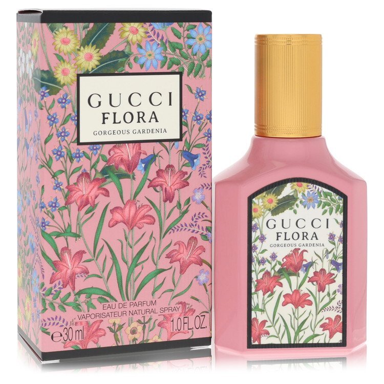 Gucci Flora Gorgeous Gardenia Eau de Parfum spray for women, 1 oz bottle with elegant floral design and branding.