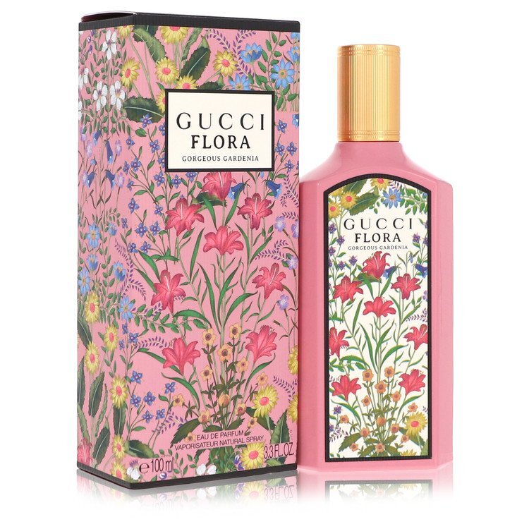 Gucci Flora Gorgeous Gardenia Eau de Parfum spray for women, 3.4 oz bottle with elegant floral design.
