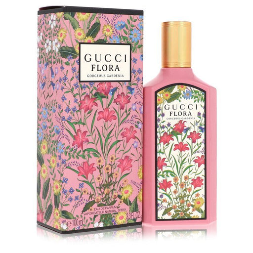Gucci Flora Gorgeous Gardenia Eau de Parfum spray for women, 3.4 oz bottle with elegant floral design.