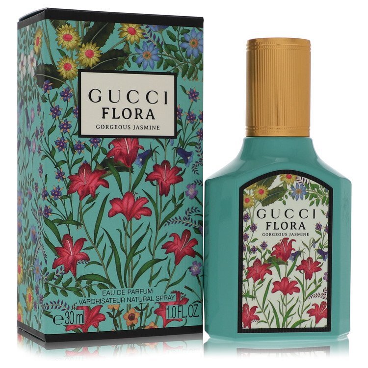 Gucci Flora Gorgeous Jasmine Eau de Parfum spray for women, 1 oz bottle, featuring floral jasmine scent in elegant packaging