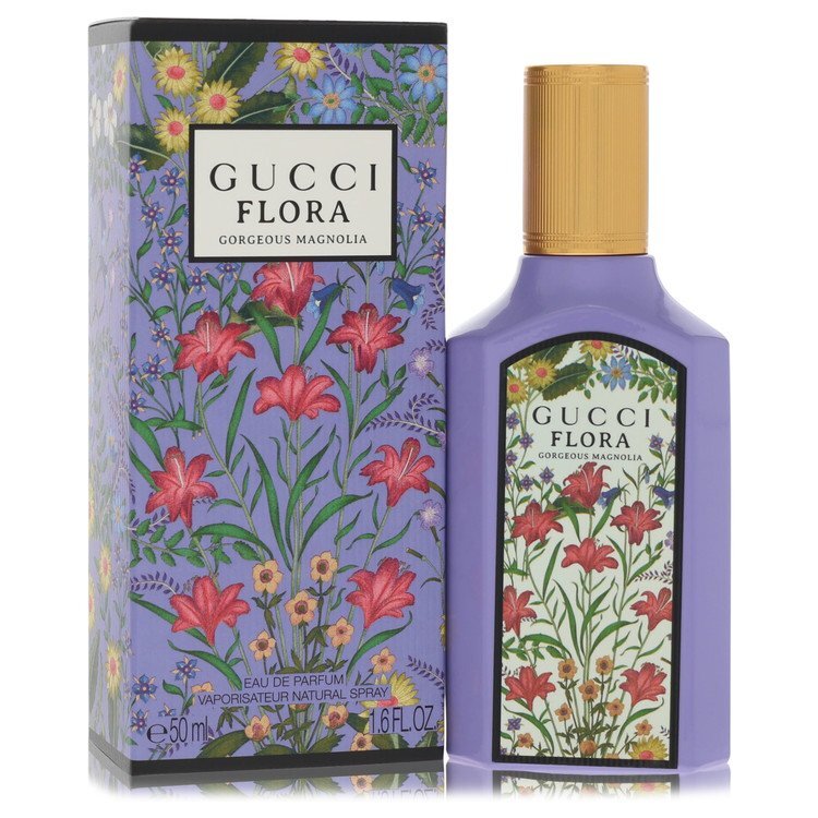 Gucci Flora Gorgeous Magnolia Eau De Parfum spray 1.6 oz for women, featuring a floral perfume bottle with elegant design