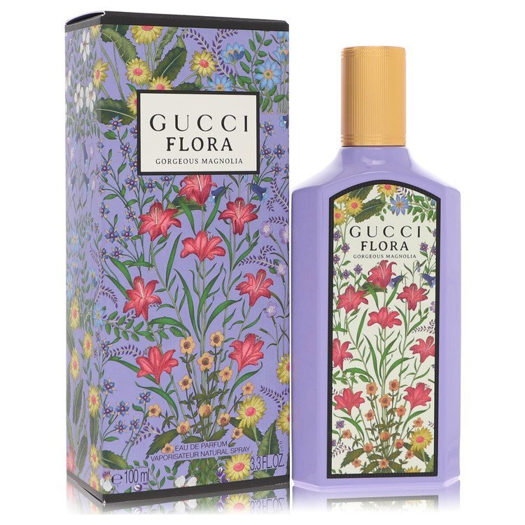 Gucci Flora Gorgeous Magnolia Eau De Parfum spray for women in 3.3 oz bottle, featuring floral design and elegant packaging.