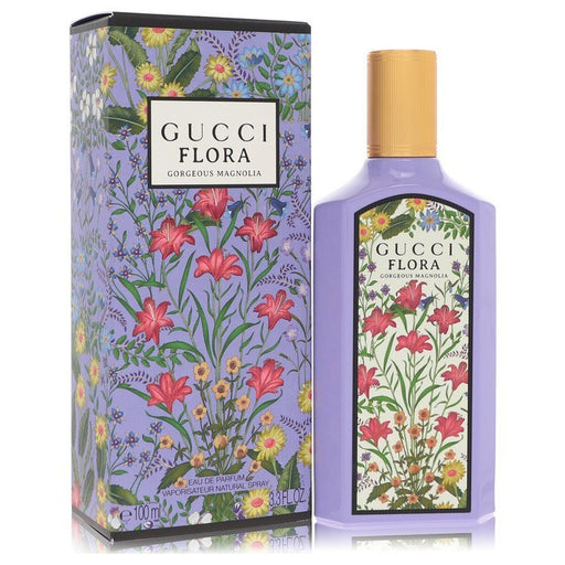 Gucci Flora Gorgeous Magnolia Eau De Parfum spray for women in 3.3 oz bottle, featuring floral design and elegant packaging.