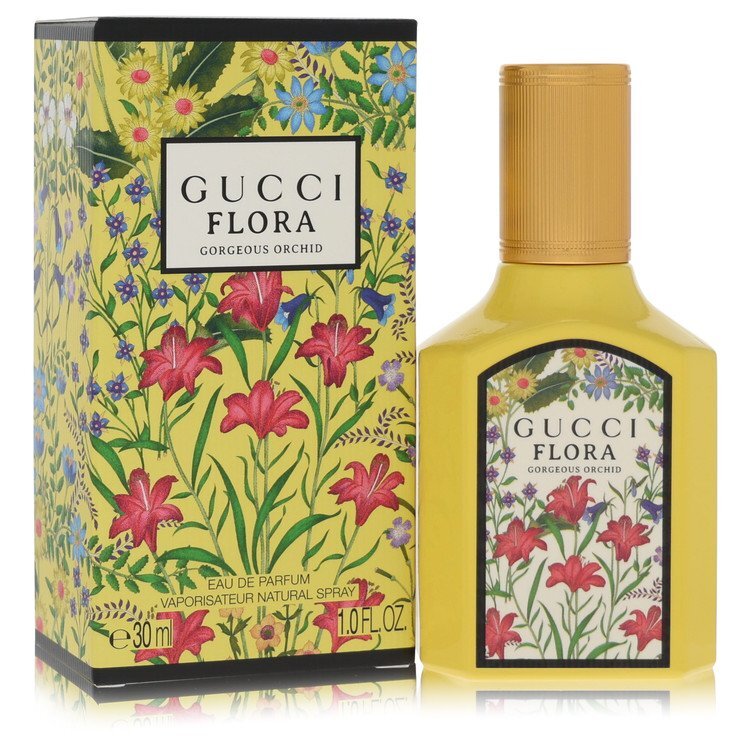 Gucci Flora Gorgeous Orchid Eau de Parfum spray for women, 1 oz, featuring elegant floral packaging with orchid accents.