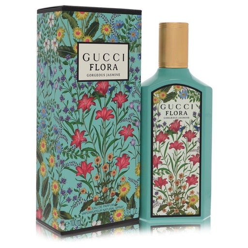 Gucci Flora Gorgeous Jasmine Eau de Parfum spray for women, 3.3 oz, featuring floral jasmine notes and elegant packaging.