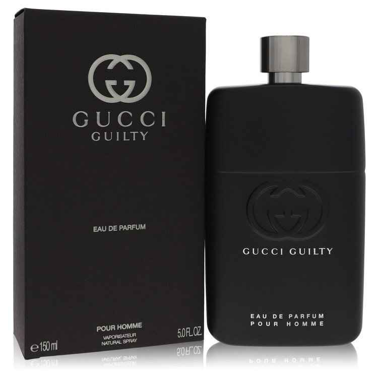 Guilty by Gucci Eau de Parfum spray for men, 5 oz bottle, featuring a sleek bottle design with gold accents.