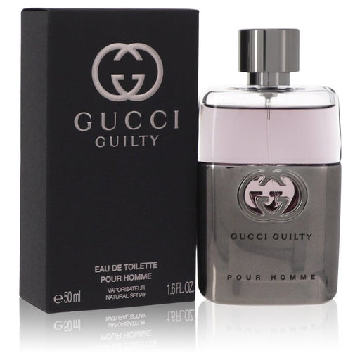 Guilty by Gucci men's Eau De Toilette spray in a 1.6 oz bottle, featuring the iconic Gucci fragrance design.