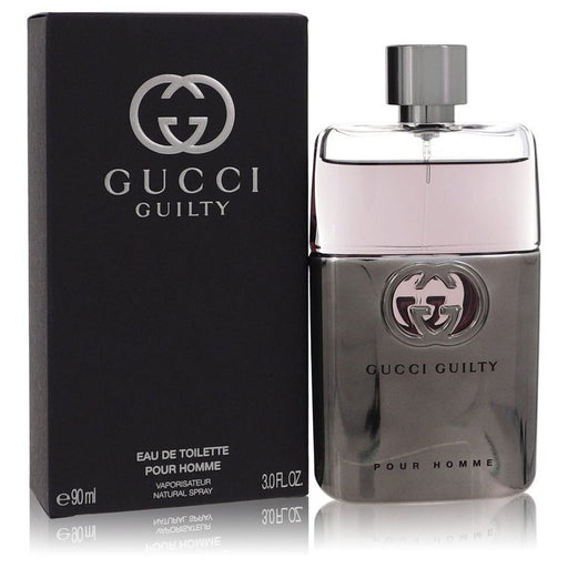 Gucci Guilty by Gucci men's Eau De Toilette spray, 3 oz bottle, with sleek glass and Gucci branding visible.