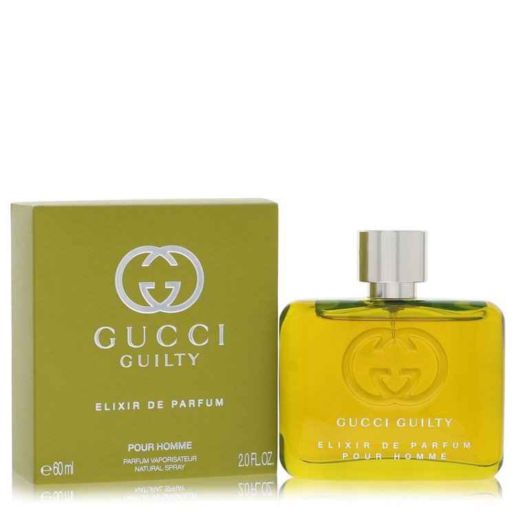 Gucci Guilty Elixir de Parfum spray for men, 2 oz bottle, featuring luxurious scent and elegant design.