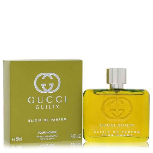Gucci Guilty Elixir de Parfum spray for men, 2 oz bottle, featuring luxurious scent and elegant design.
