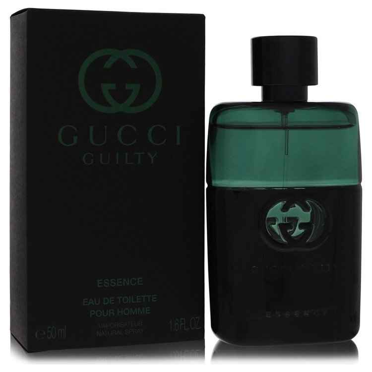 Gucci Guilty Essence men's eau de toilette spray in 1.7 oz bottle, featuring sleek packaging and a luxurious fragrance design.