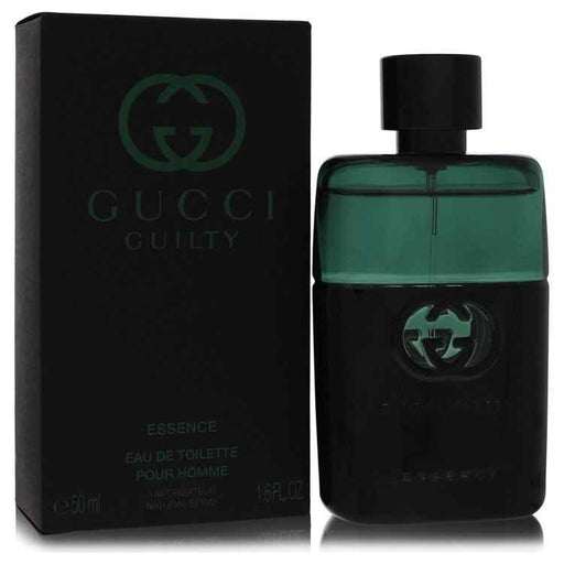 Gucci Guilty Essence men's eau de toilette spray in 1.7 oz bottle, featuring sleek packaging and a luxurious fragrance design.