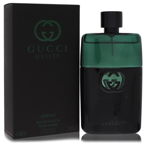 Gucci Guilty Essence men's Eau De Toilette spray, 3 oz bottle, with sleek design and Gucci branding visible.