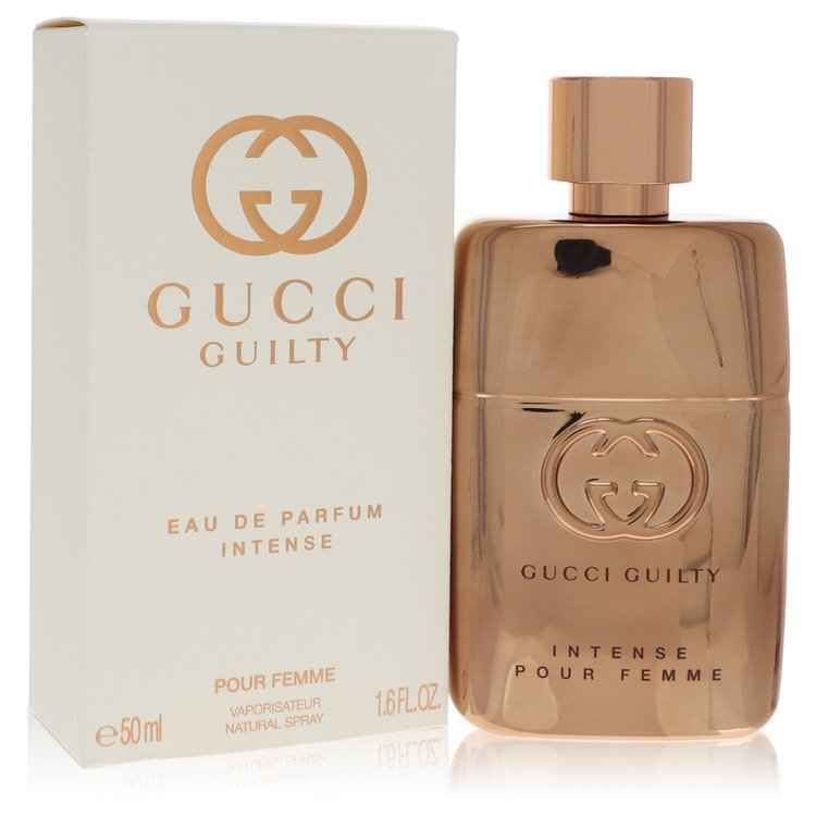 Gucci Guilty Pour Femme Intense Eau de Parfum spray for women, 1.6 oz, featuring elegant perfume bottle with gold accents.