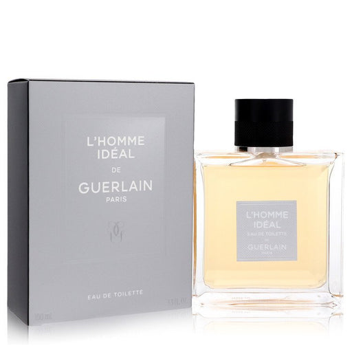Guerlain L'homme Ideal Eau de Toilette spray for men, 3.3 oz bottle with sleek packaging and classic design.
