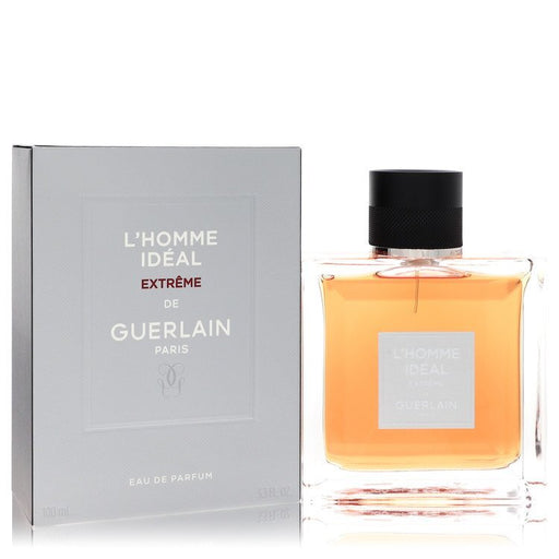 Guerlain L'homme Ideal Extreme Eau De Parfum spray for men, 3.3 oz, featuring sleek bottle design and sophisticated fragrance.