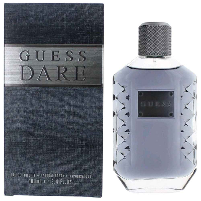 Guess Dare Eau De Toilette Spray for Men, 3.4 oz, featuring a sleek bottle design and masculine fragrance.
