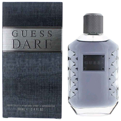 Guess Dare Eau De Toilette Spray for Men, 3.4 oz, featuring a sleek bottle design and masculine fragrance.