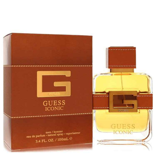 Guess Iconic Eau De Parfum Spray for Men, 3.4 oz, featuring sleek bottle design and modern fragrance presentation.