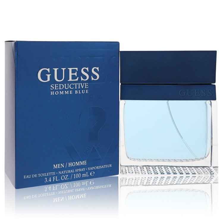 Guess Seductive Homme Blue Eau De Toilette spray for men, 3.4 oz, featuring a sleek blue bottle and modern design.