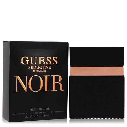 Guess Seductive Homme Noir Eau de Toilette spray for men, 3.4 oz, featuring a sleek black bottle and masculine fragrance.