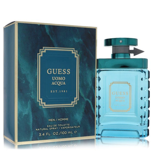 Guess Uomo Acqua Eau De Toilette spray for men, 3.4 oz bottle, with sleek design and Guess branding visible.