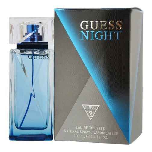 Men's Guess Night Eau De Toilette Spray 3.4 oz for a sophisticated fragrance with a sleek bottle and dark accents.