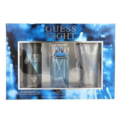 Guess Night men's 3-piece gift set with 3.4 oz Eau de Toilette, includes fragrance bottles and accessories.
