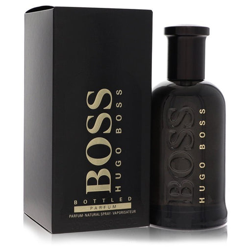 Hugo Boss Boss Bottled parfum spray for men, 3.4 oz, with sleek bottle design and Hugo Boss branding visible.