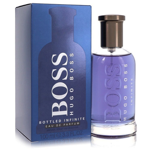Hugo Boss Boss Bottled Infinite Eau De Parfum spray for men, 3.3 oz bottle with sleek design and branding.