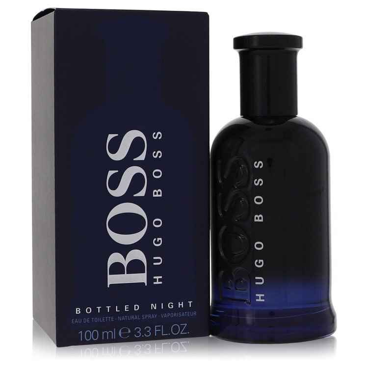 Hugo Boss Boss Bottled Night men's Eau de Toilette spray 3.3 oz bottle with sleek black packaging and silver accents.