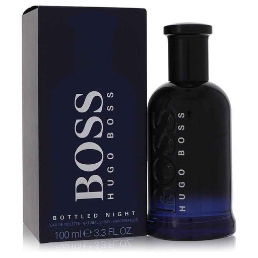 Hugo Boss Boss Bottled Night men's Eau de Toilette spray 3.3 oz bottle with sleek black packaging and silver accents.