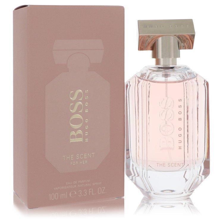 Hugo Boss The Scent women’s Eau De Parfum spray bottle, 3.3 oz, featuring elegant packaging and a luxurious fragrance design.