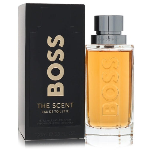 Refillable 3.3 oz Hugo Boss Boss The Scent Eau de Toilette for men, featuring the iconic perfume bottle with a sleek design.