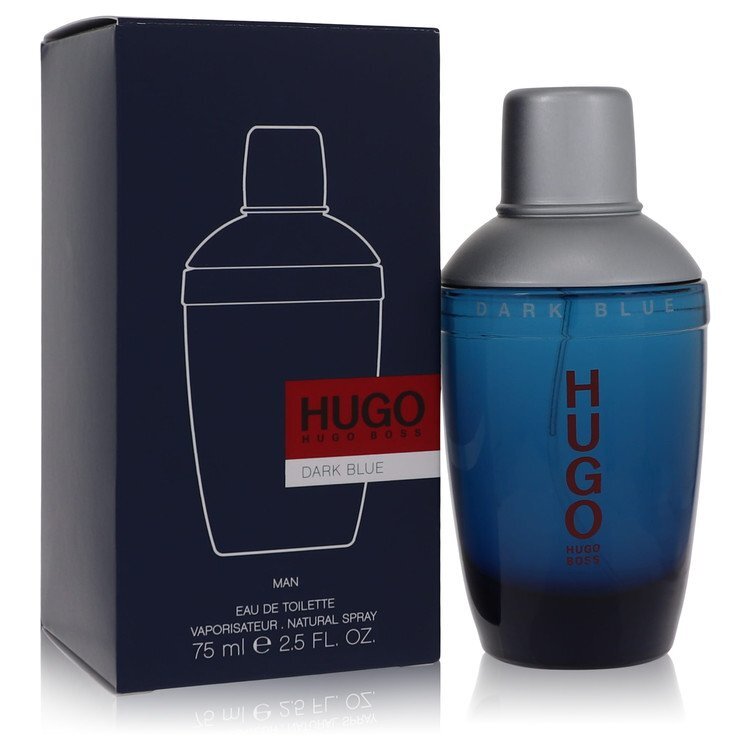 Dark Blue by Hugo Boss men's eau de toilette spray in 2.5 oz bottle, featuring sleek packaging and dark blue cap.