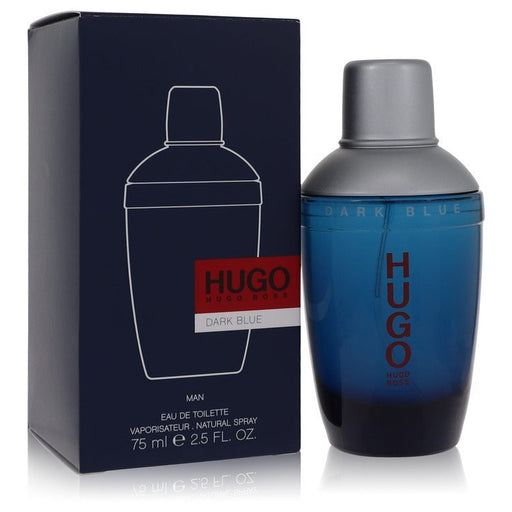 Dark Blue by Hugo Boss men's eau de toilette spray in 2.5 oz bottle, featuring sleek packaging and dark blue cap.