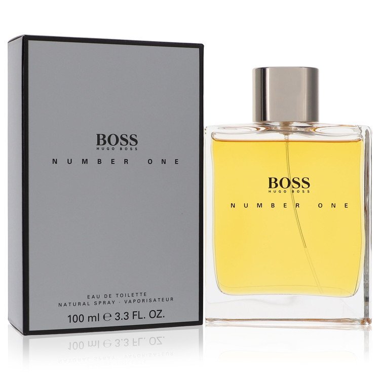 Hugo Boss No. 1 Eau De Toilette spray for men, 3.3 oz bottle, with sleek design and branding visible.